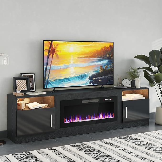 PRETZI Fireplace TV Stand with 36" Fireplace Up to 90" TVs, 80" Entertainment Center with LED Lights, Remote Control, TV Media Console with Storage Cabinets for Living Room, Black