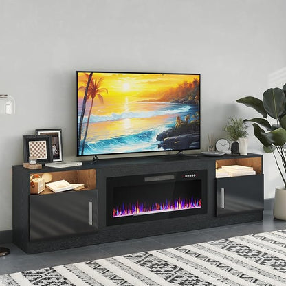 PRETZI Fireplace TV Stand with 36" Fireplace Up to 90" TVs, 80" Entertainment Center with LED Lights, Remote Control, TV Media Console with Storage Cabinets for Living Room, Black