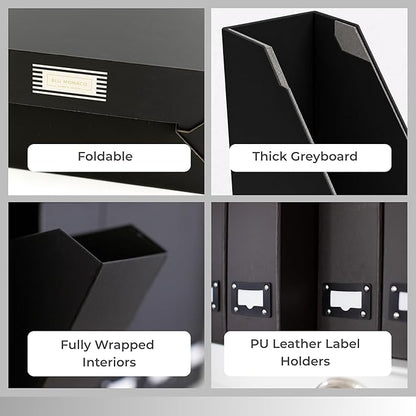 BLU MONACO Foldable Black Magazine File Holder | Set of 6 Cardboard Desk Organizer Boxes | Vertical Magazine File Holder | Standing File Holder | Office Classroom or Home