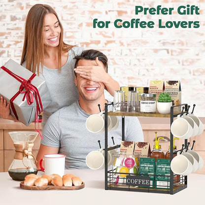 EsLuker.ly Coffee Mug Cup Holder Tree Bar Station Organizer, 2 Tier Mug Stand Rack for Countertop Kitchen, Storage Tower Display Shelf with 12 Hooks, Coffee Nook Enhancer, Vintage Brown Black