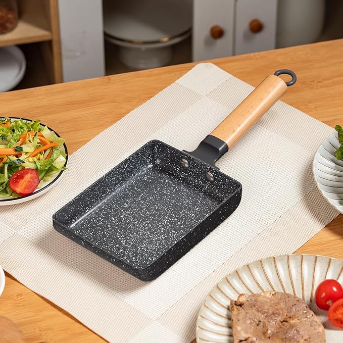 Ceramic Coating Square Japanese Tamagoyaki Omelette Small Skillet, Non-stick Rectangle Egg Roll Pan with Wood Handle (Dark Grey)