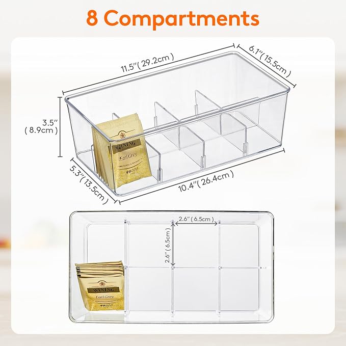 Lifewit Tea Bag Organizer with lids, Plastic Teabag Box with 16 Compartments, Stackable Divided Storage Containers for Cabinet, Pantry, Countertop, Sugar Packets, Clear, 29 cm/11.5 inch L, 2 Pack