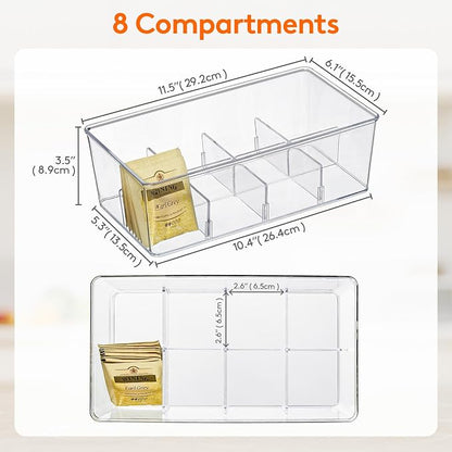 Lifewit Tea Bag Organizer with lids, Plastic Teabag Box with 32 Compartments, Stackable Divided Storage Containers for Cabinet, Pantry, Countertop, Hold Coffee Pods, Sugar Packets, Clear, 4 Pack