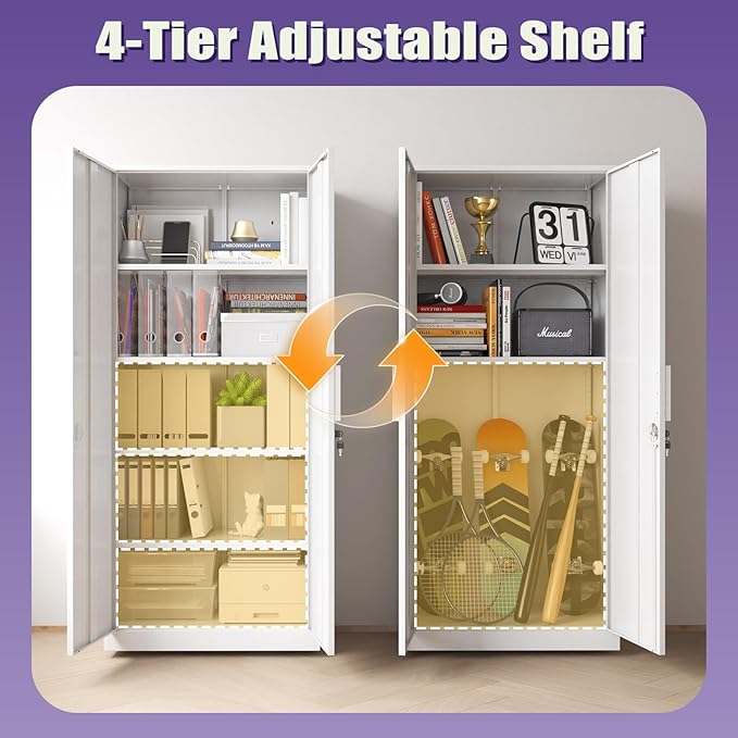 71''H Metal Garage Storage Cabinets with Lock, White Tall Storage Cabinet with Doors and 4 Adjustable Shelves, Lockable Steel File Cabinet for Office, Home, Garage (White, 71"H x 31.5"W x 16.5"D)