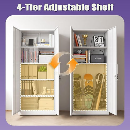 71''H Metal Garage Storage Cabinets with Lock, White Tall Storage Cabinet with Doors and 4 Adjustable Shelves, Lockable Steel File Cabinet for Office, Home, Garage (White, 71"H x 31.5"W x 16.5"D)