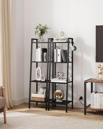 Ladder Shelf, Bookshelf Bookcase, Freestanding Corner Storage Shelve with 2 Hooks for Home Office, Living Room, Kitchen, Bedroom, Industrial, 11.8" D x 13.4" W x 47.2" H, Black BC13204B