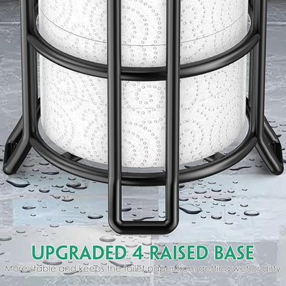 TomCare Toilet Paper Holder Stand with Shelf Free Standing Toilet Paper Roll Holder with Toilet Paper Dispenser Sturdy Metal Tissue Holder Storage Shelf for Bathroom Black