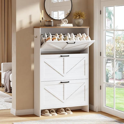 Nicetree Shoe Cabinet, 3 Flip Drawers & Adjustable Shelves, Ultra Slim Freestanding (9.1” Deep), Holds 30 Pairs, Narrow Shoe Storage Cabinet with Anti-Tip Safety, Modern Farmhouse White Walnut