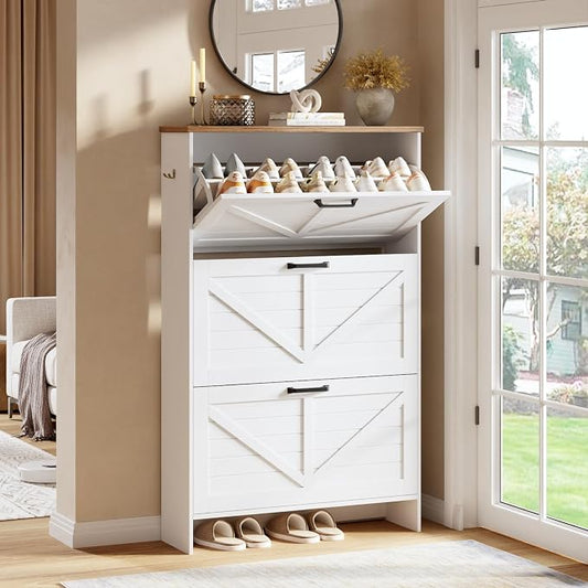Nicetree Shoe Cabinet, 3 Flip Drawers & Adjustable Shelves, Ultra Slim Freestanding (9.1” Deep), Holds 30 Pairs, Narrow Shoe Storage Cabinet with Anti-Tip Safety, Modern Farmhouse White Walnut