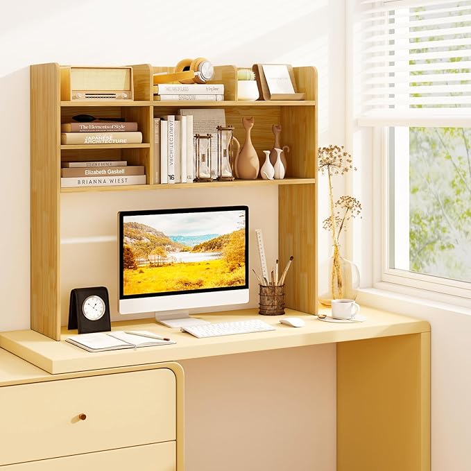 Desk Hutch, Desktop Shelf with 6 Shelves, Desk Bookshelf w/Anti-Toppling Devices, Wood Table Top Bookshelf Organizer, Small Desk Shelf for Study, Office, Dorm (Burlywood, 6 Shelves)