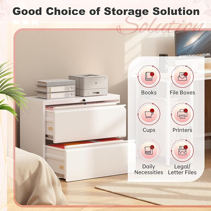 Superday Lateral File Cabinet 2 Drawer Metal File Cabinet with Lock, White Filing Cabinets for Home Office, Locking Filing Cabinets Hanging Files Letter/Legal/F4/A4