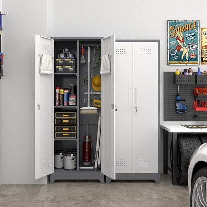 65" H Locking Storage Cabinet,Metal Broom Storage Cabinet with Doors and Adjustable Shelves,Steel Tall Garage Cabinet with Pegboard and Hanging Rod for Home Office,School,Gym,Grey-White
