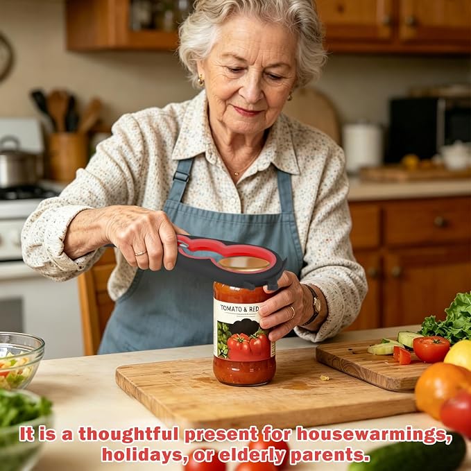 Jar Opener Set - 6-in-1 Adjustable Jar Opener Can Opener, 4-in-1 Bottle Opener Lid Opener & Rubber Jar Gripper, Multifunctional Kitchen Gadget for Seniors, Arthritis, Weak Hands (Red&Black)