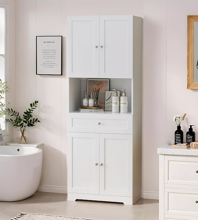 Tall Bathroom Storage Cabinets with Drawer, Modern Linen Cabinet with Doors & Shelves, 67"H Tall Storage Cabinet Freestanding for Bathroom, Dining Room, Kitchen & Pantry, Laundry, Narrow Corner, White
