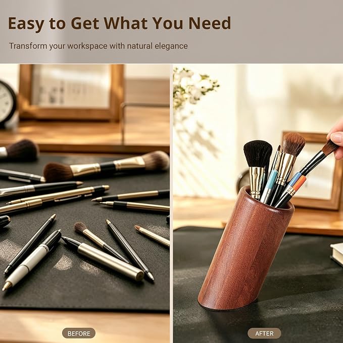 walowalo Pen Holder Natural Wooden Pencil Holder for Desk, Angled Design Makeup Brush Holder Pencil Cup, Multiple-Use Marker Holder Desktop Stationary Organizer for Office, Home, School
