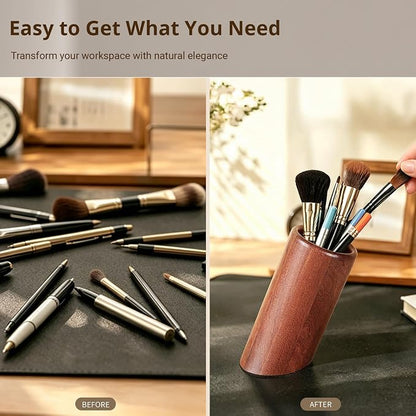 walowalo Pen Holder Natural Wooden Pencil Holder for Desk, Angled Design Makeup Brush Holder Pencil Cup, Multiple-Use Marker Holder Desktop Stationary Organizer for Office, Home, School