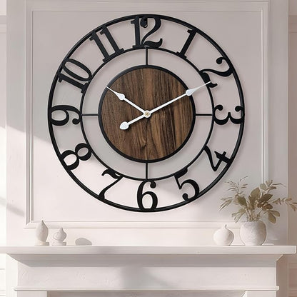 Tixmtry Large Metal Wall Clock, 24 Inch Retro Decorative Silent, Non Ticking, Battery Operated Modern Big Wood Wall Clock for Living Room, Farmhouse, Bedroom, Fireplace, Kitchen, Office, Home Decor
