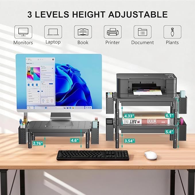 WALI Computer Monitor Stand with Storage, Desk Organizer with Drawer and Pen Holder, Desk Monitor Riser 3 Height Adjustable, Laptop Riser for Computer, Laptop, Printer(PTT003-B), 1 Pack, Black