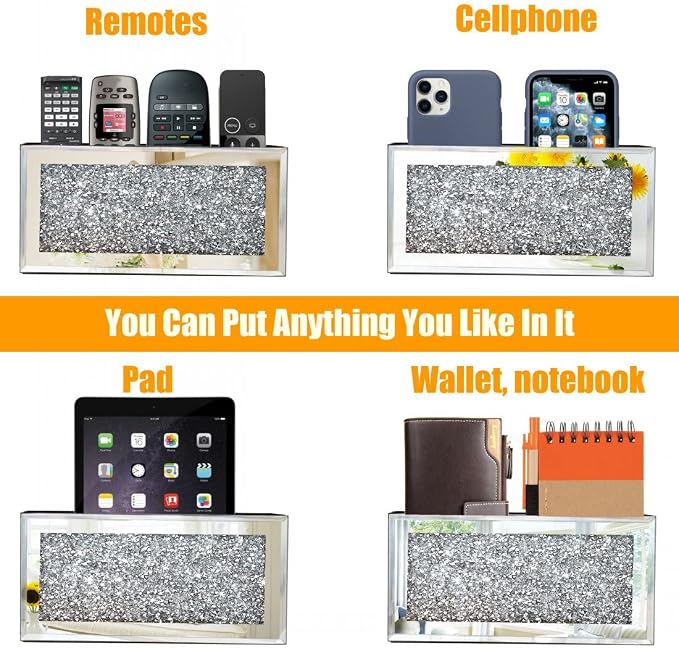 GOTHICO Mirrored Remote Holder, Wall Mounted Crush Diamond Bling Decoration Organizer Storage Box for Remote Phone Pad Wallet Notebook (8.3"×2.5"×4" For 3 or 4 Remote Controls)