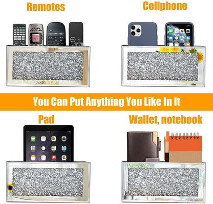 GOTHICO Mirrored Remote Holder, Wall Mounted Crush Diamond Bling Decoration Organizer Storage Box for Remote Phone Pad Wallet Notebook (8.3"×2.5"×4" For 3 or 4 Remote Controls)