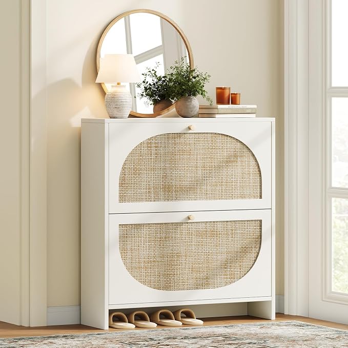 Nicetree Shoe Cabinet Storage for Entryway Slim 9.5" Freestanding Floor Base Shoe Storage Cabinet, 2 Flip Drawers with 3-Position Adjustable Divider, Holds 16-24 Pairs, Cream White