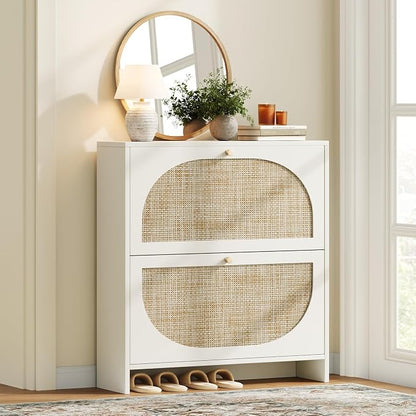 Nicetree Shoe Cabinet Storage for Entryway Slim 9.5" Freestanding Floor Base Shoe Storage Cabinet, 2 Flip Drawers with 3-Position Adjustable Divider, Holds 16-24 Pairs, Cream White