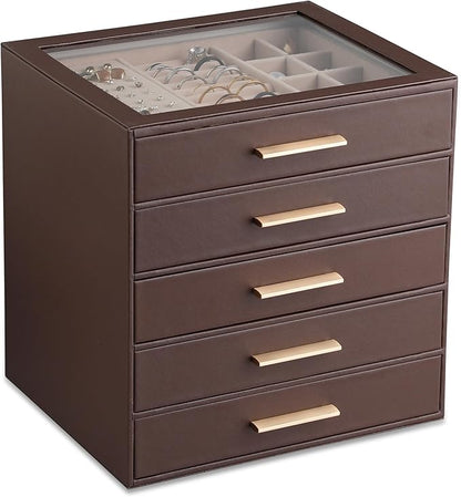 Frebeauty Clear Lid Jewelry Box,5-Layer Jewelry Organizer with Drawer,PU Leather Jewelry Organizers and Storage,Jewelry Boxes for Women,Jewelry Storage for Rings Earring Stud,Gift for Women(Brown)
