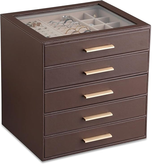 Frebeauty Clear Lid Jewelry Box,5-Layer Jewelry Organizer with Drawer,PU Leather Jewelry Organizers and Storage,Jewelry Boxes for Women,Jewelry Storage for Rings Earring Stud,Gift for Women(Brown)