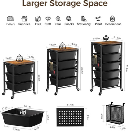 Rolling Cart with 3 Drawers, Plastic Drawer Storage Carts with Lockable Wheels & Wooden Tabletop, Metal Utility Cart Organizer, Office Bedroom Classroom Craft Organization and Storage, Dark Black