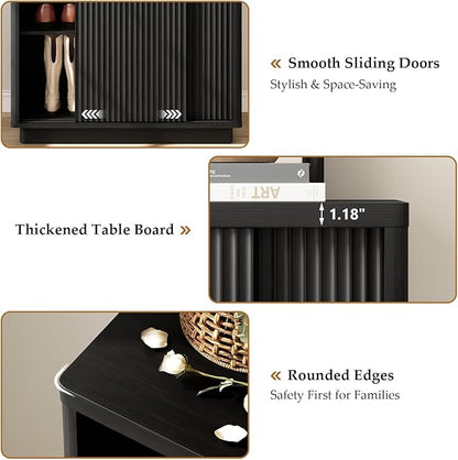 Fluted Shoe Cabinet with Sliding Door Set of 2, 6-Tier Large Hidden Storage Organizer Modern Shoe Rack with Adjustable Shelves, Mid Century Freestanding Wooden Shoe Storage Cabinet for Entryway,Black
