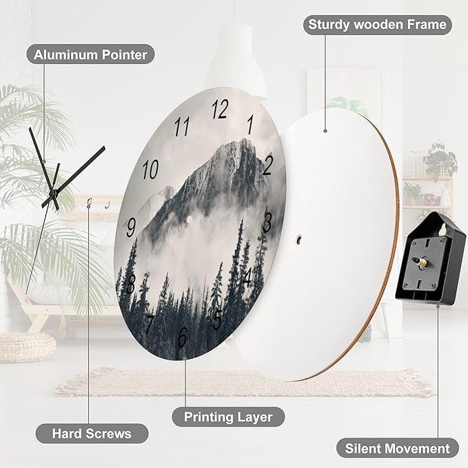 Scenic Nature Wall Clock Silent Non Ticking Battery Operated, Mountain Misty Forest Tree Scenery Foggy Woodland Landscape Clock Decorative for Bathroom Kitchen Bedroom Living Room(12 Inch)