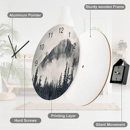 Scenic Nature Wall Clock Silent Non Ticking Battery Operated, Mountain Misty Forest Tree Scenery Foggy Woodland Landscape Clock Decorative for Bathroom Kitchen Bedroom Living Room(12 Inch)