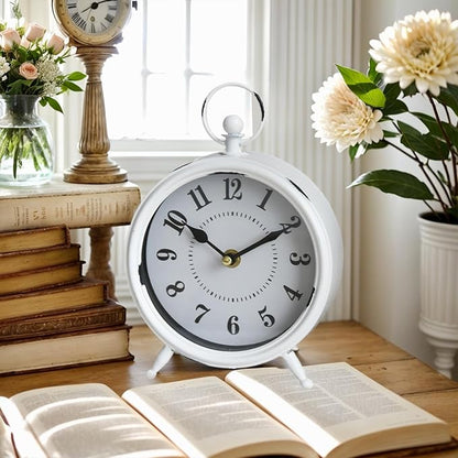 MACVAD Small white table clock Vintage Rustic White Table Clock on Stand, Decorative Desk and Shelf Clock Farmhouse Mantel Clock Rustic Non-Ticking Clock