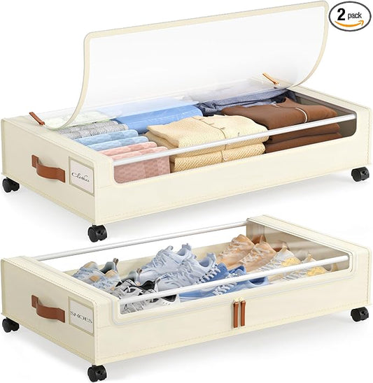 LAMU Under Bed Storage with Wheels, 2 Pack Under Bed Storage Containers with Clear Lid, XXL 60 L Underbed Storage Bins, Rolling Under Bed Metal Drawers for Clothes, Blankets, Shoes, Beige