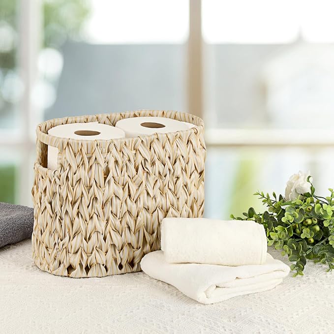 Sumnacon Toilet Paper Storage Basket Freestanding, Wicker Toilet Paper Holder Stand with Handle, Decorative Narrow Bathroom Baskets Sturdy Plastic Organizer Bin for Tissue Rolls, Toiletries, Towels