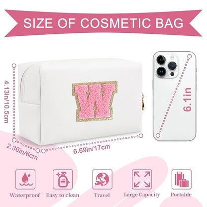 Personalized Makeup Bag Initial A-Z Preppy Patch Bag,Small PU Leather Travel Cosmetic Bag Pouch with Zipper,White Cute Toiletry Bag,Gift Ideal for Teen Girls Women Birthday Friend Mom,Letter W