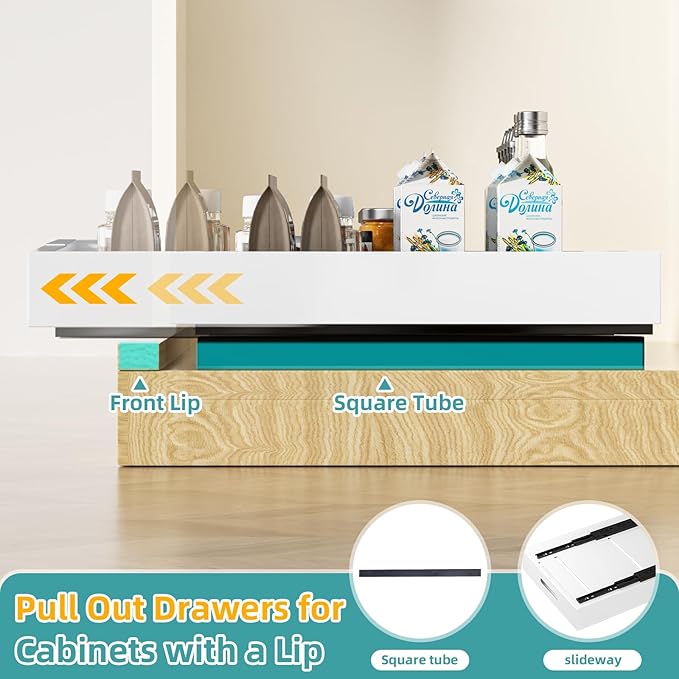HBL' 2 Pack | 21" Deep Pull Out Cabinet Organizer Adhesive, (13.8" to 22.0") Width Expandable Sturdy Carbon Steel Roll-Out Drawers, Designed for Frameless Cabinets, Slide-Out Shelves for Pantry.