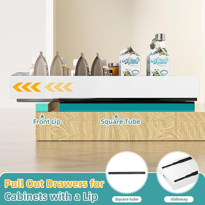 HBL' 2 Pack | 21" Deep Pull Out Cabinet Organizer Adhesive, (13.8" to 22.0") Width Expandable Sturdy Carbon Steel Roll-Out Drawers, Designed for Frameless Cabinets, Slide-Out Shelves for Pantry.