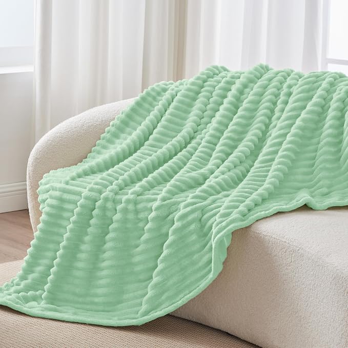 BEDELITE Fleece Throw Blanket for Couch - 300GSM Soft & Warm Fluffy Mint Green Blanket, Decorative and Giftable Striped Blankets for Women, Men, 50"x60"