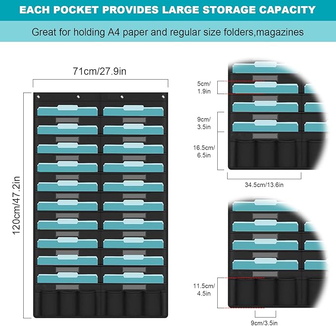 KIKIGOAL 20 Pockets Hanging Wall File Organizer, Heavy Duty Storage Pocket Chart With 20 Name Tag Pockets for File Folder and Paper, Space Saver for Office and Classroom