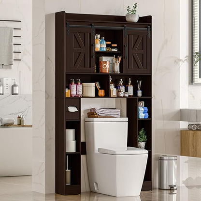 Over The Toilet Storage Cabinet, Farmhouse Toilet Cabinet Rack with Barn Doors, Space Saving Bathroom Organizer with Shelves, Toilet Paper Holder and Towel Rack for Bathroom,Restroom,Laundry,Walnut