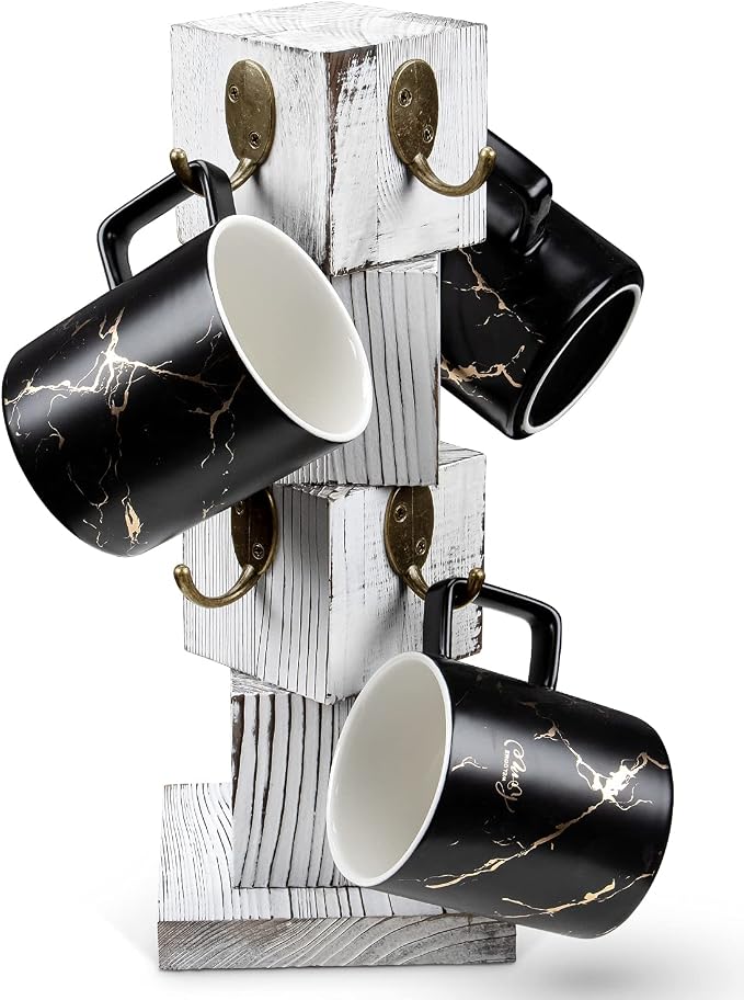 PUERSI Coffee Mug Holder for Counter, Rustic Solid Wood Mug Tree, Farmhouse Wooden Coffee Cup Rack with 8 Hooks (Farmhouse White)