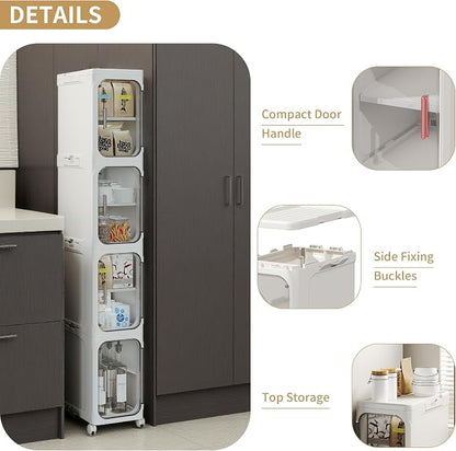 5-Tier Tall Slim Narrow Bathroom Storage Cabinet, White | Tool Free Assembly, Adjustable shelves, Fits for Narrow Spaces, Lockable Wheels, Magnetic Clear Door