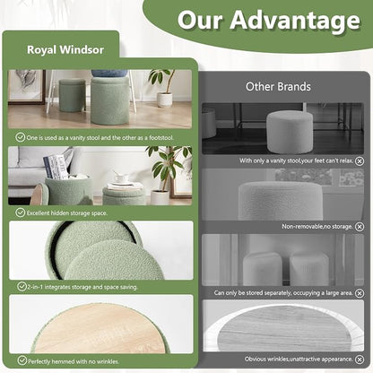 Royal Windsor Boucle Round Ottoman with Storage Set of 2,Small Foot Stool Ottoman for Living Room,Small Coffee Table, Vanity Stool with Storage for Bedroom, Green