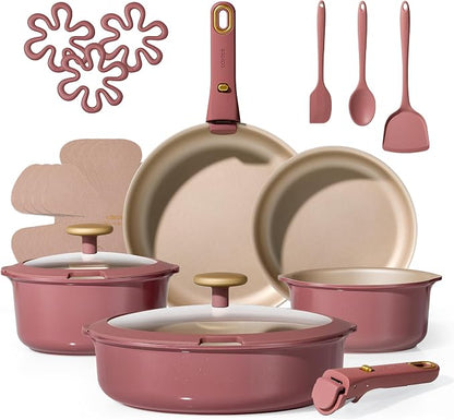 CAROTE Pots and Pans Set, Nonstick Cookware Sets with Detachable Handle, Oven Safe, Cookware Non Stick Cooking Set w/Frying Pans & Saucepans Red(PFOS, PFOA Free)