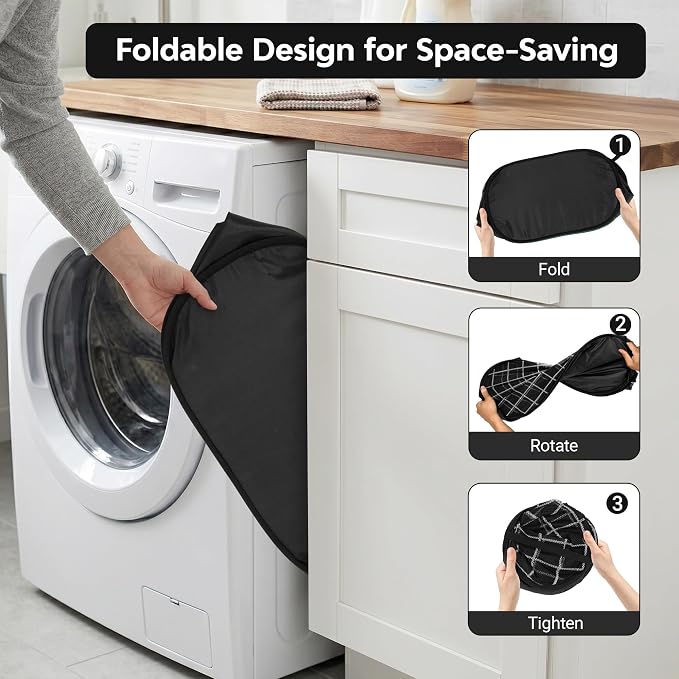 Collapsible Laundry Baskets with Side Pocket, Mesh Pop Up Clothes Hamper for Laundry, Foldable Laundry Basket Storage Hamper with Reinforced Handles for Clothes, Toys, Home, Dorm -Grid Print, Black