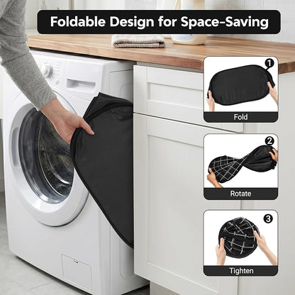 Collapsible Laundry Baskets with Side Pocket, Mesh Pop Up Clothes Hamper for Laundry, Foldable Laundry Basket Storage Hamper with Reinforced Handles for Clothes, Toys, Home, Dorm -Grid Print, Black