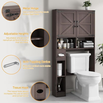 Vabches Over The Toilet Storage Cabinet, Farmhouse Storage Cabinet Over Toilet with 2 Barn Doors && Toilet Paper Holder Stand，Home Space-Saving Toilet Rack, for Laundry, Restroom, Bathroom.(Espresso)
