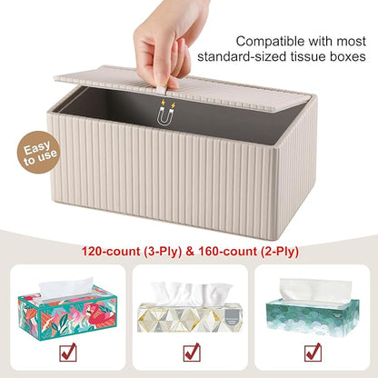 KINGFOM PU Leather Tissue Box Cover Rectangular Tissue Box Holder with Magnetic Bottom, Napkin & Facial Tissue Holder Dispenser for Home, Office (Decorative Pattern-PU Leather, Beige Stripe)