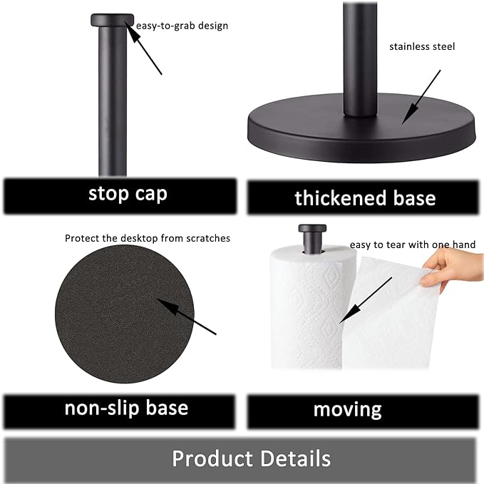 Black Standing Paper Towel Holder for Kitchen& Bathroom Countertop,Under Counter, Table Or BBQ, Standard or Jumbo-Sized Roll Paper (with Stainless Steel Base)
